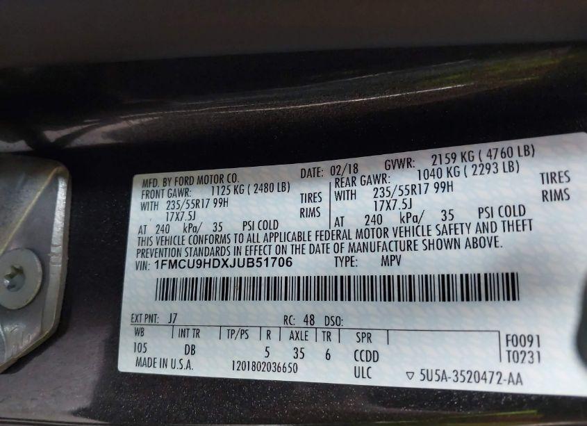 Photo 9 of 2018 Ford Escape SEL (VIN 1FMCU9HDXJUB51706)