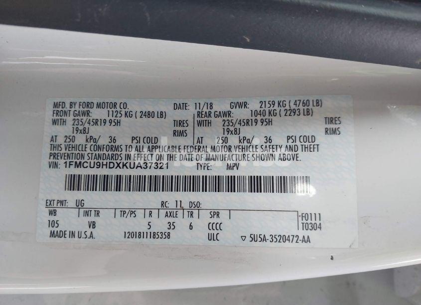 Photo 9 of 2019 Ford Escape SEL (VIN 1FMCU9HDXKUA37321)