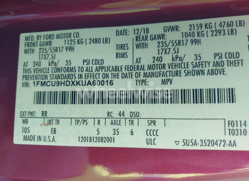 Photo 9 of 2019 Ford Escape SEL (VIN 1FMCU9HDXKUA60016)