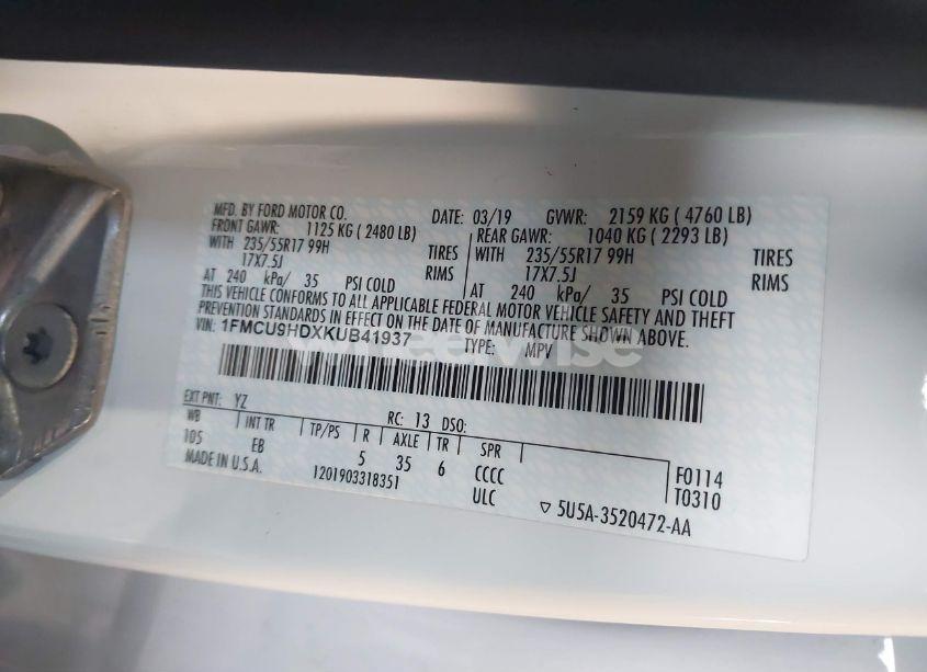 Photo 9 of 2019 Ford Escape SEL (VIN 1FMCU9HDXKUB41937)