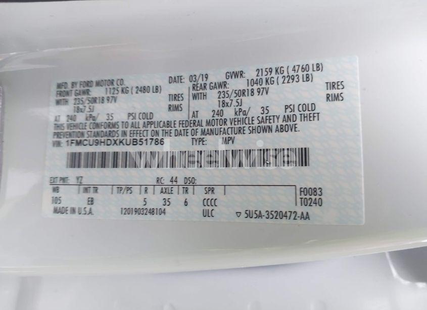 Photo 9 of 2019 Ford Escape SEL (VIN 1FMCU9HDXKUB51786)