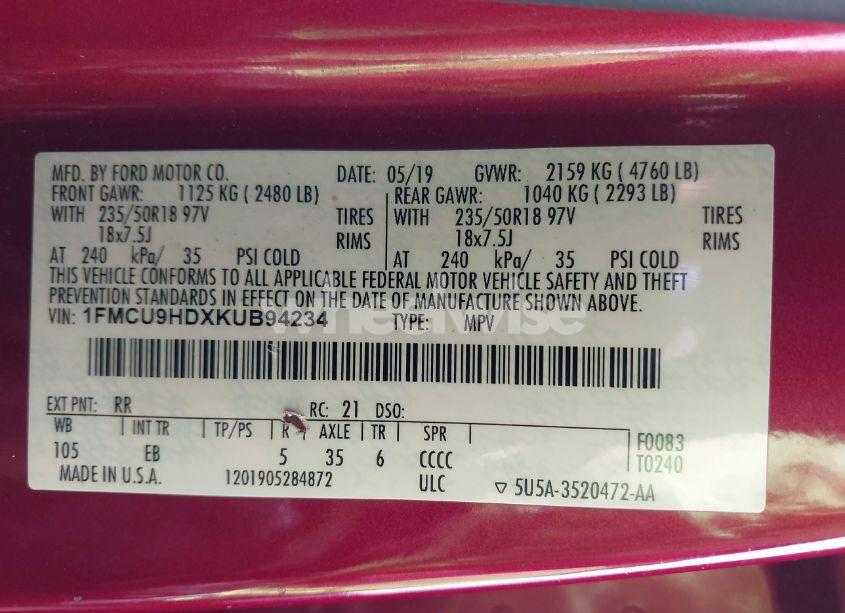 Photo 9 of 2019 Ford Escape SEL (VIN 1FMCU9HDXKUB94234)