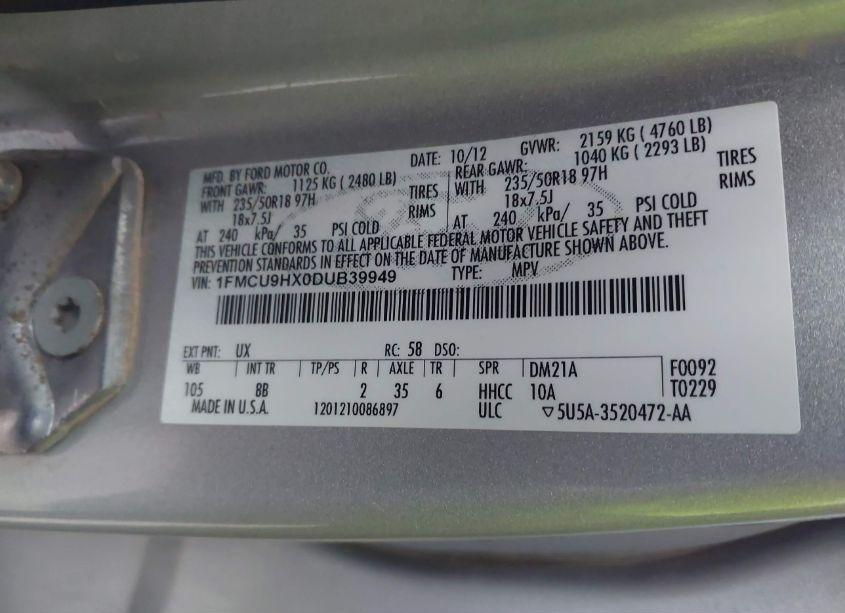 Photo 9 of 2013 Ford Escape SEL (VIN 1FMCU9HX0DUB39949)