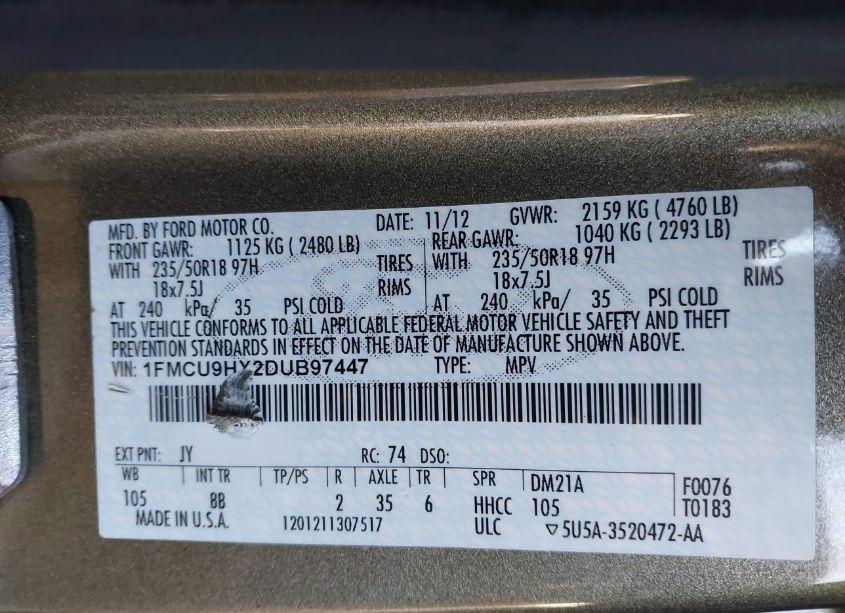 Photo 9 of 2013 Ford Escape SEL (VIN 1FMCU9HX2DUB97447)