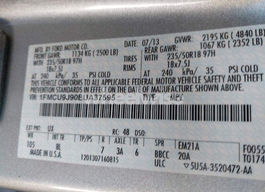 Photo 9 of 2014 Ford Escape TITANIUM (VIN 1FMCU9J90EUA37595)