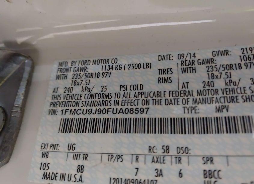 Photo 9 of 2015 Ford Escape TITANIUM (VIN 1FMCU9J90FUA08597)