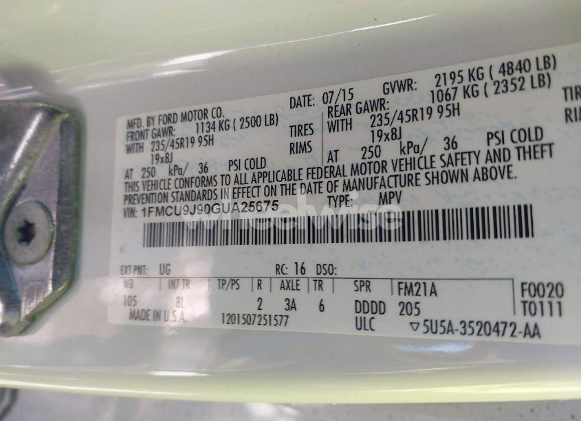 Photo 9 of 2016 Ford Escape TITANIUM (VIN 1FMCU9J90GUA25675)