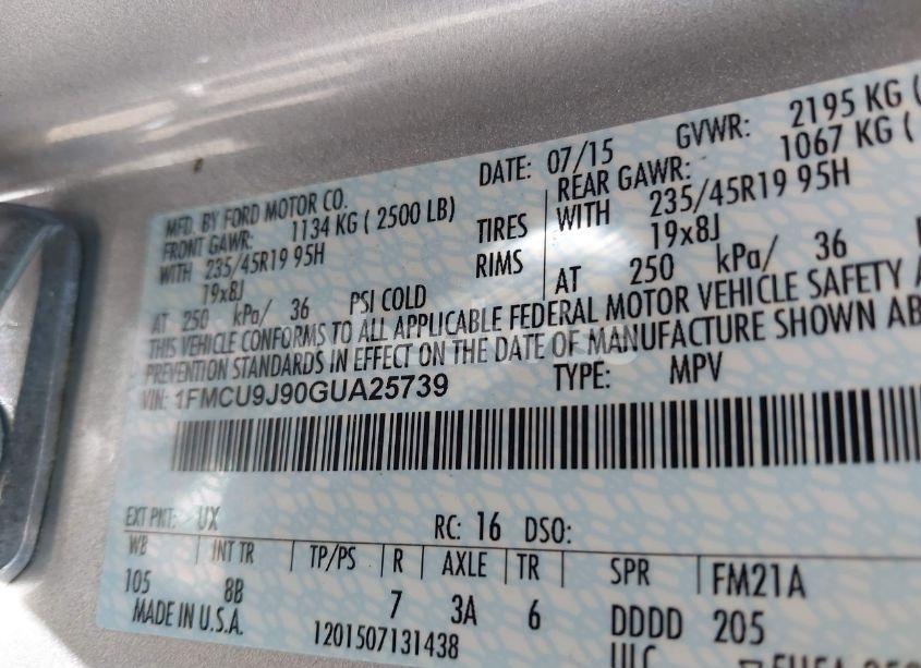 Photo 9 of 2016 Ford Escape TITANIUM (VIN 1FMCU9J90GUA25739)