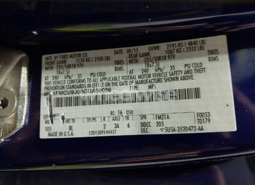 Photo 9 of 2016 Ford Escape TITANIUM (VIN 1FMCU9J90GUA90056)