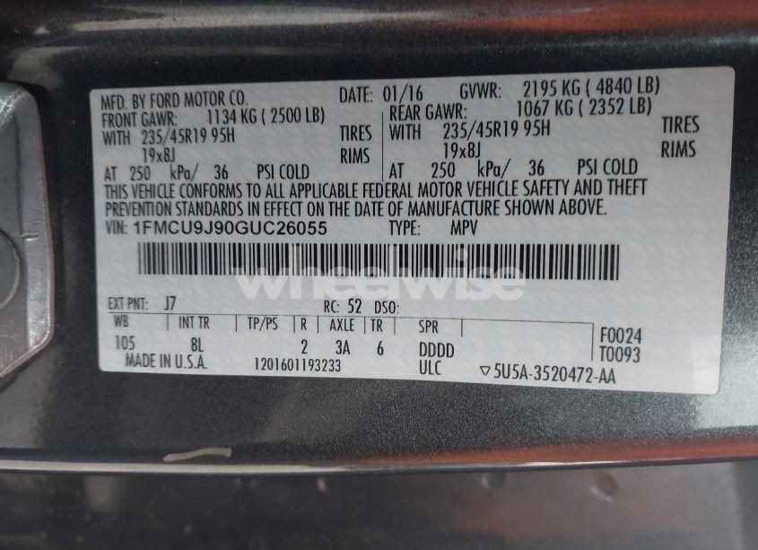 Photo 9 of 2016 Ford Escape TITANIUM (VIN 1FMCU9J90GUC26055)