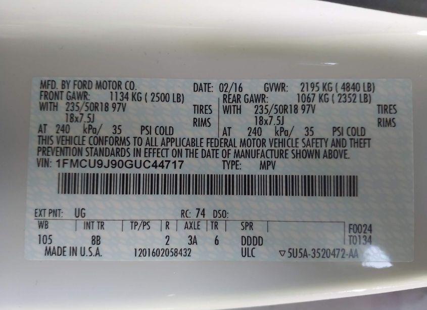 Photo 9 of 2016 Ford Escape TITANIUM (VIN 1FMCU9J90GUC44717)