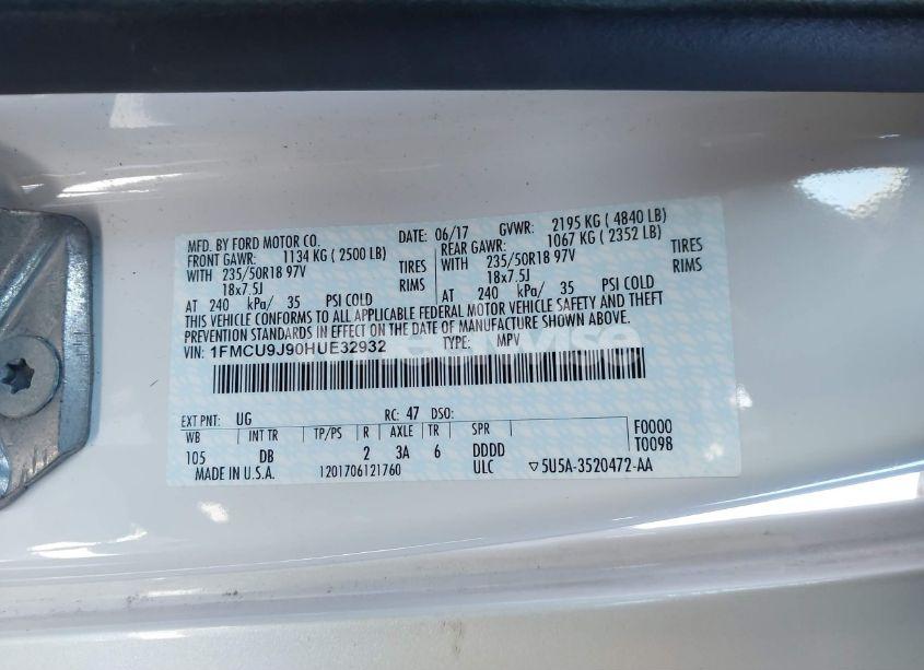 Photo 9 of 2017 Ford Escape TITANIUM (VIN 1FMCU9J90HUE32932)