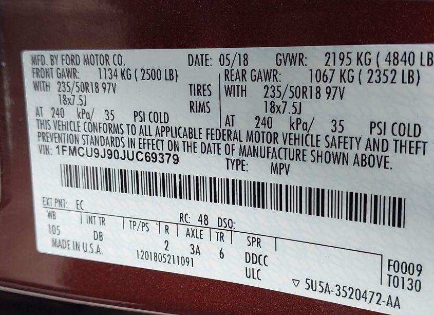 Photo 9 of 2018 Ford Escape TITANIUM (VIN 1FMCU9J90JUC69379)