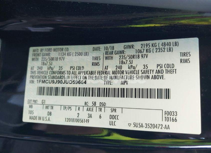 Photo 9 of 2018 Ford Escape TITANIUM (VIN 1FMCU9J90JUD59664)