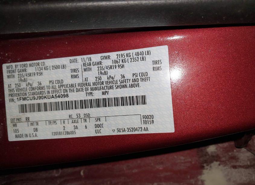 Photo 9 of 2019 Ford Escape TITANIUM (VIN 1FMCU9J90KUA54098)