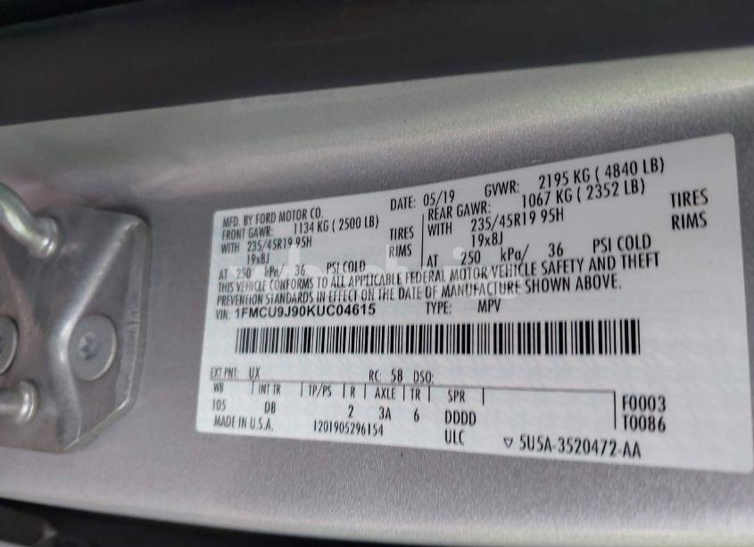 Photo 9 of 2019 Ford Escape TITANIUM (VIN 1FMCU9J90KUC04615)