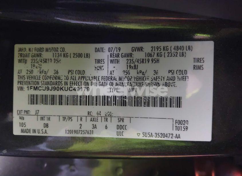 Photo 9 of 2019 Ford Escape TITANIUM (VIN 1FMCU9J90KUC49179)