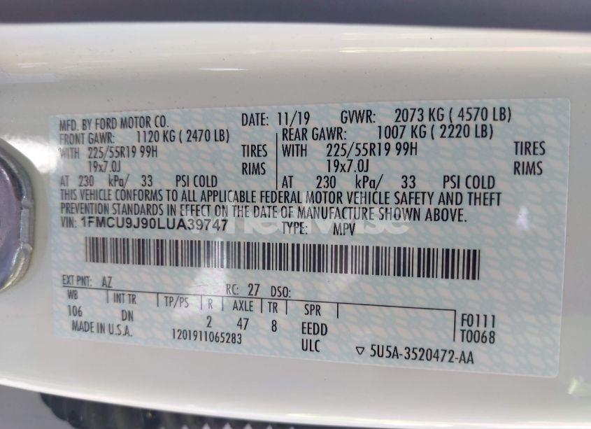 Photo 9 of 2020 Ford Escape TITANIUM (VIN 1FMCU9J90LUA39747)