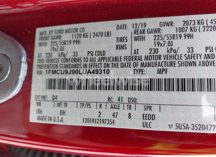 Photo 9 of 2020 Ford Escape TITANIUM (VIN 1FMCU9J90LUA49310)