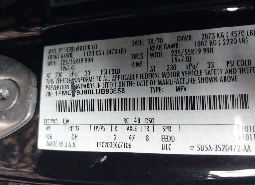 Photo 9 of 2020 Ford Escape TITANIUM (VIN 1FMCU9J90LUB93858)