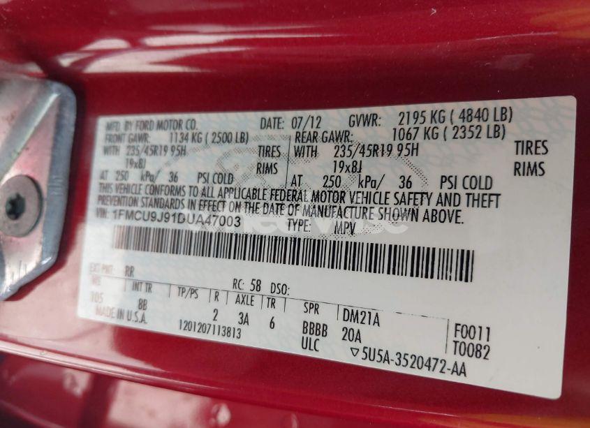 Photo 9 of 2013 Ford Escape TITANIUM (VIN 1FMCU9J91DUA47003)