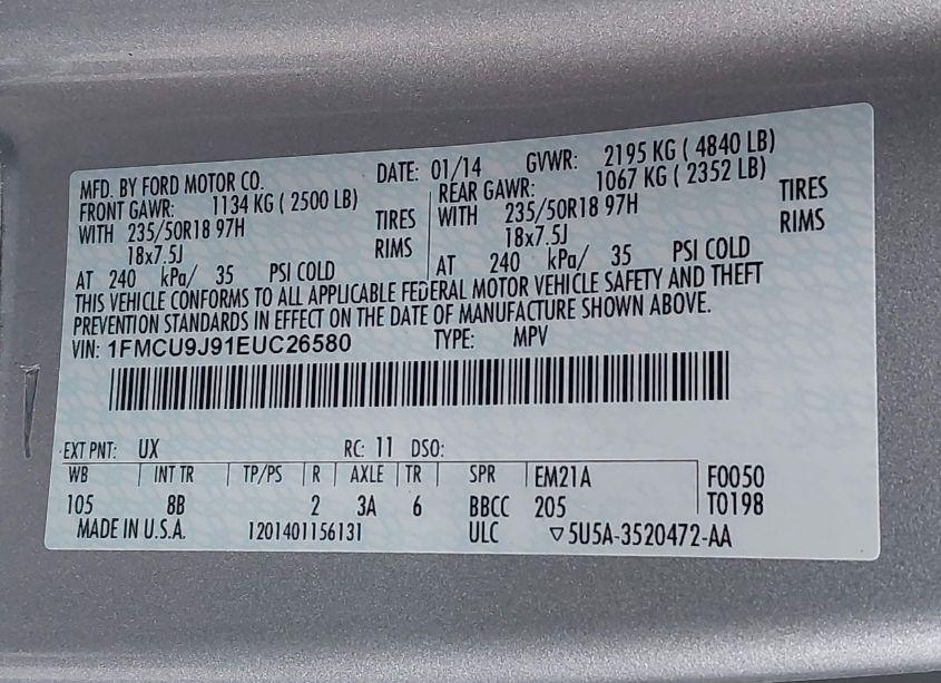 Photo 9 of 2014 Ford Escape TITANIUM (VIN 1FMCU9J91EUC26580)