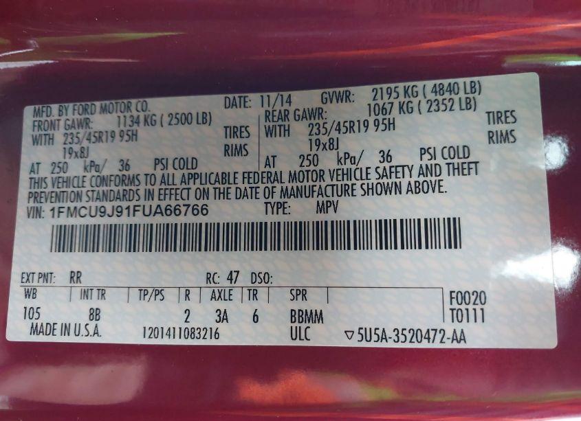 Photo 9 of 2015 Ford Escape TITANIUM (VIN 1FMCU9J91FUA66766)