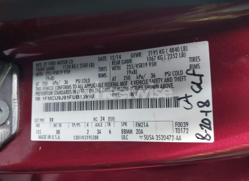 Photo 9 of 2015 Ford Escape TITANIUM (VIN 1FMCU9J91FUB13990)