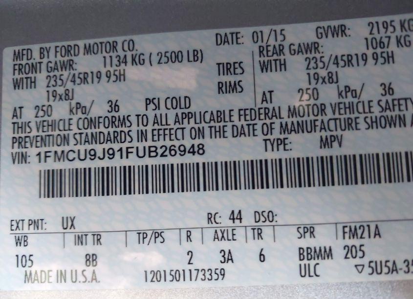 Photo 9 of 2015 Ford Escape TITANIUM (VIN 1FMCU9J91FUB26948)