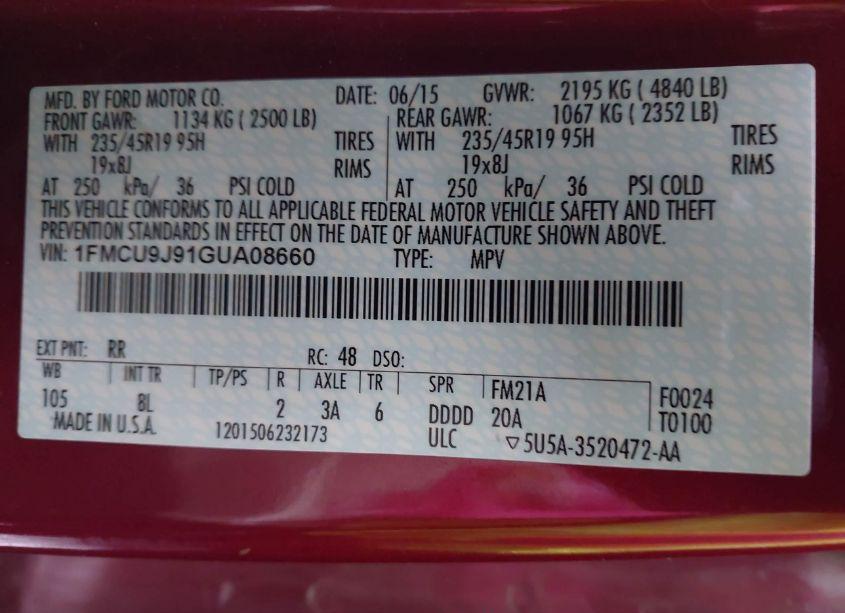 Photo 9 of 2016 Ford Escape TITANIUM (VIN 1FMCU9J91GUA08660)