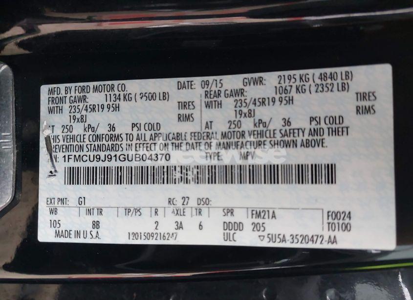 Photo 9 of 2016 Ford Escape TITANIUM (VIN 1FMCU9J91GUB04370)