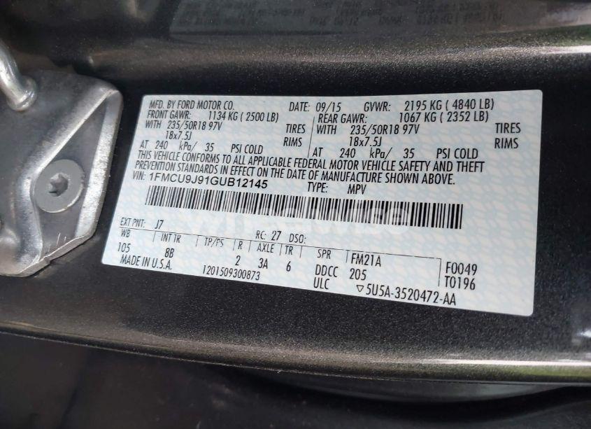 Photo 9 of 2016 Ford Escape TITANIUM (VIN 1FMCU9J91GUB12145)