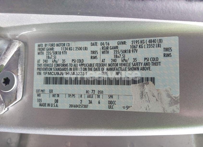 Photo 9 of 2017 Ford Escape TITANIUM (VIN 1FMCU9J91HUA32751)