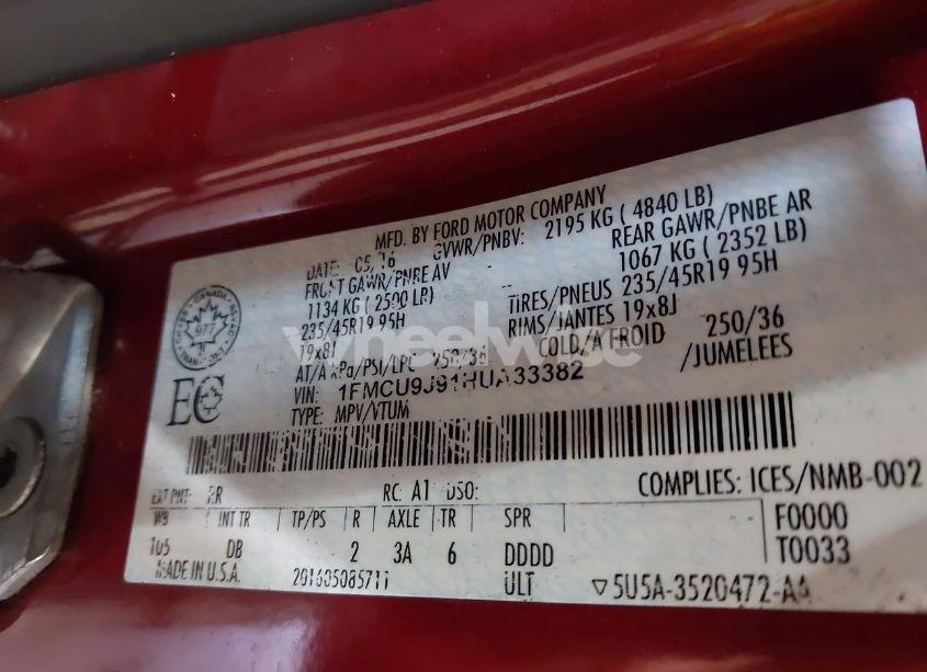 Photo 9 of 2017 Ford Escape TITANIUM (VIN 1FMCU9J91HUA33382)