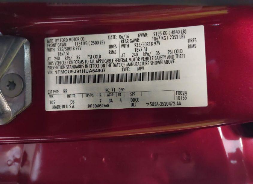 Photo 9 of 2017 Ford Escape TITANIUM (VIN 1FMCU9J91HUA64907)