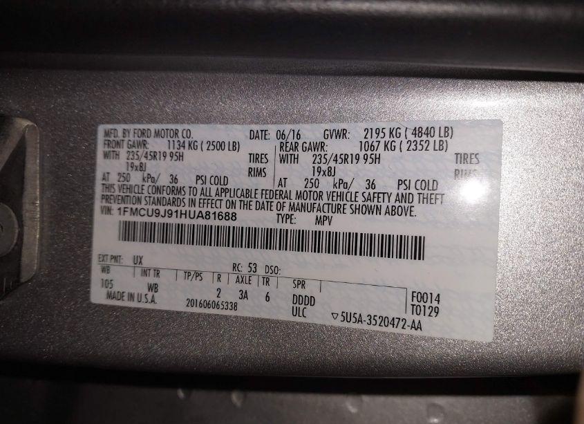 Photo 9 of 2017 Ford Escape TITANIUM (VIN 1FMCU9J91HUA81688)