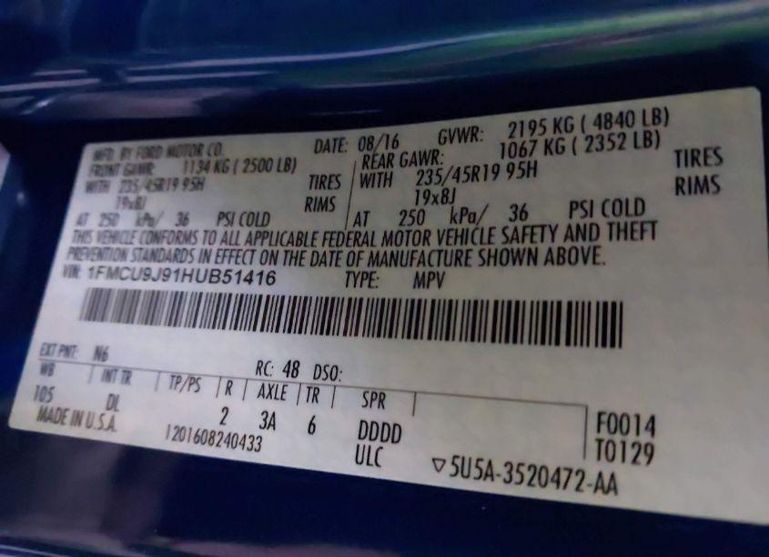 Photo 9 of 2017 Ford Escape TITANIUM (VIN 1FMCU9J91HUB51416)