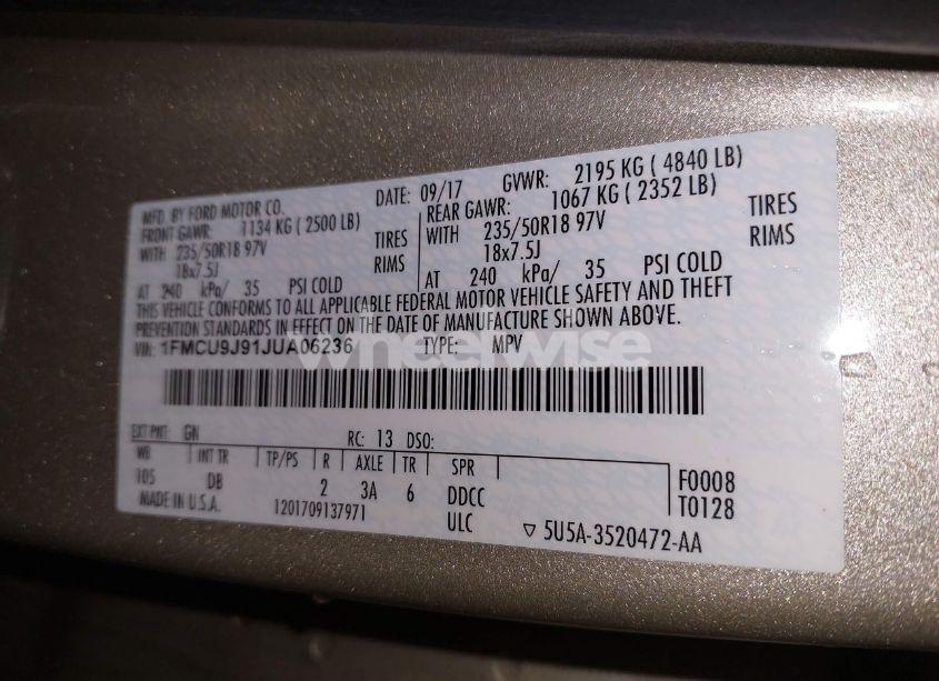 Photo 9 of 2018 Ford Escape TITANIUM (VIN 1FMCU9J91JUA06236)