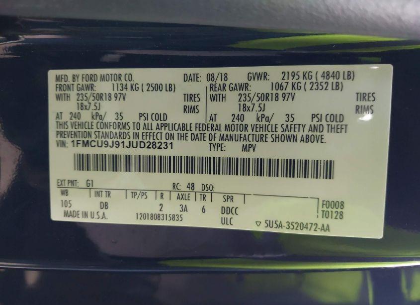 Photo 9 of 2018 Ford Escape TITANIUM (VIN 1FMCU9J91JUD28231)