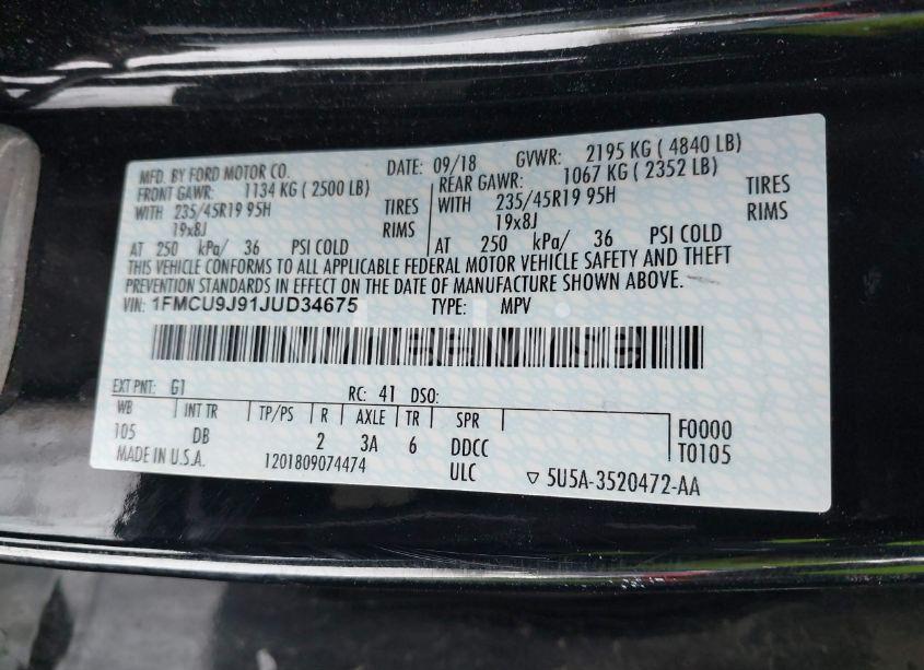 Photo 9 of 2018 Ford Escape TITANIUM (VIN 1FMCU9J91JUD34675)