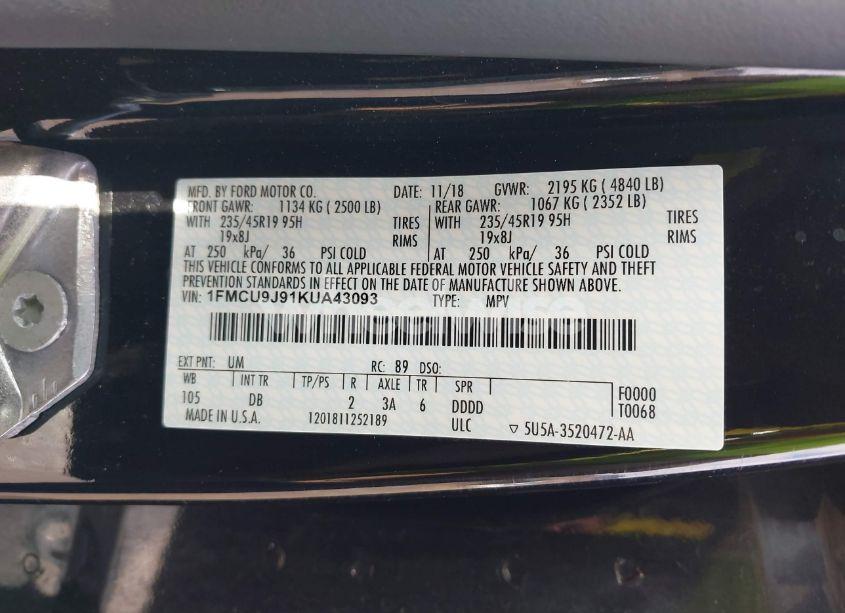 Photo 9 of 2019 Ford Escape (VIN 1FMCU9J91KUA43093)