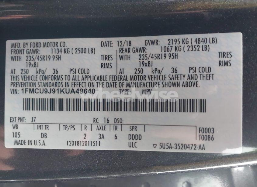 Photo 9 of 2019 Ford Escape TITANIUM (VIN 1FMCU9J91KUA49640)