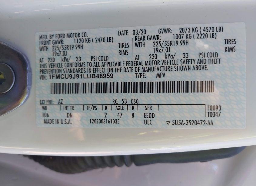 Photo 9 of 2020 Ford Escape TITANIUM (VIN 1FMCU9J91LUB48959)