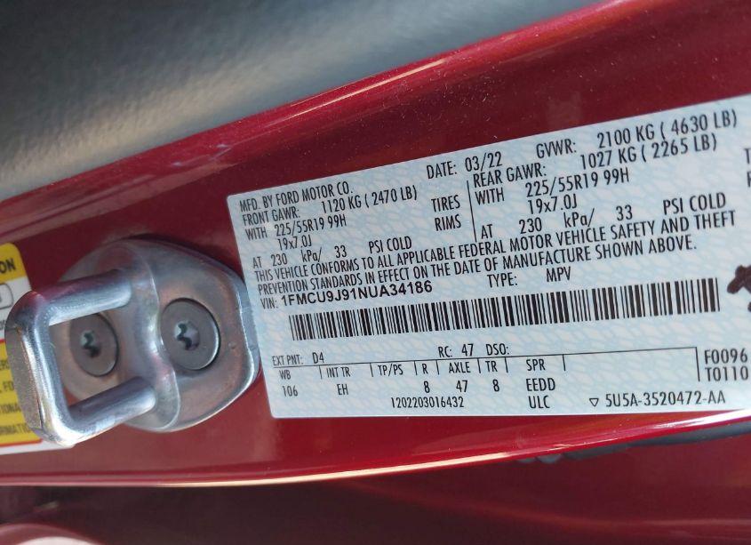 Photo 9 of 2022 Ford Escape TITANIUM (VIN 1FMCU9J91NUA34186)