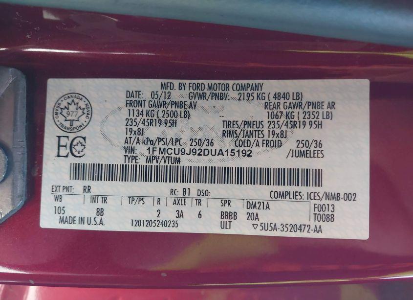 Photo 9 of 2013 Ford Escape TITANIUM (VIN 1FMCU9J92DUA15192)