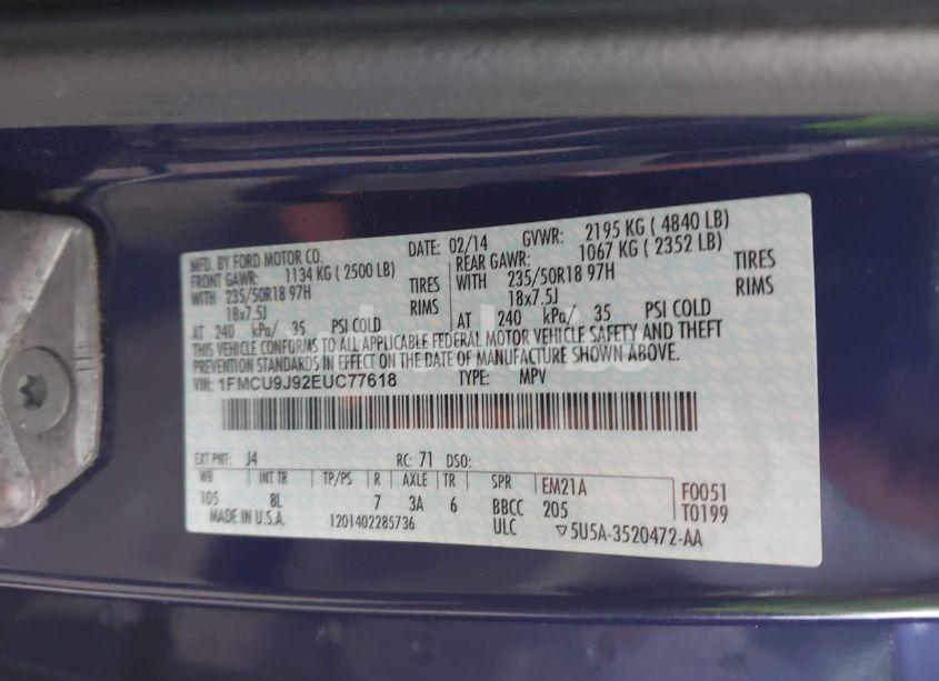 Photo 9 of 2014 Ford Escape TITANIUM (VIN 1FMCU9J92EUC77618)