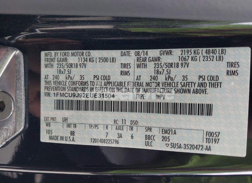 Photo 9 of 2014 Ford Escape TITANIUM (VIN 1FMCU9J92EUE31504)