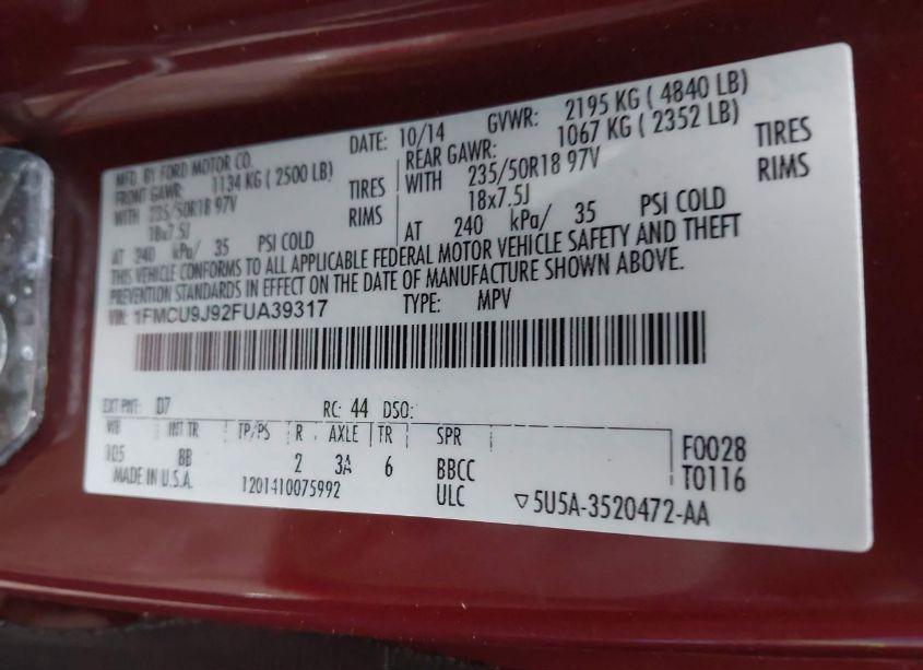 Photo 9 of 2015 Ford Escape TITANIUM (VIN 1FMCU9J92FUA39317)