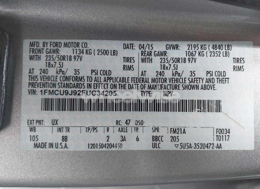 Photo 9 of 2015 Ford Escape TITANIUM (VIN 1FMCU9J92FUC34205)