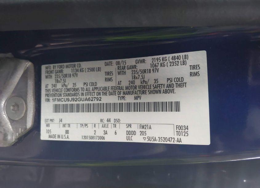 Photo 9 of 2016 Ford Escape TITANIUM (VIN 1FMCU9J92GUA62792)